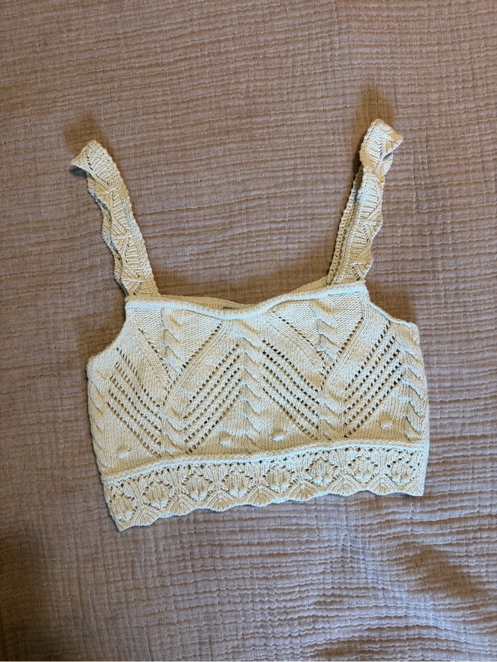 ZARA Cropped Crochet Knit Bralette Top in Cream, Sz Medium, BOHO